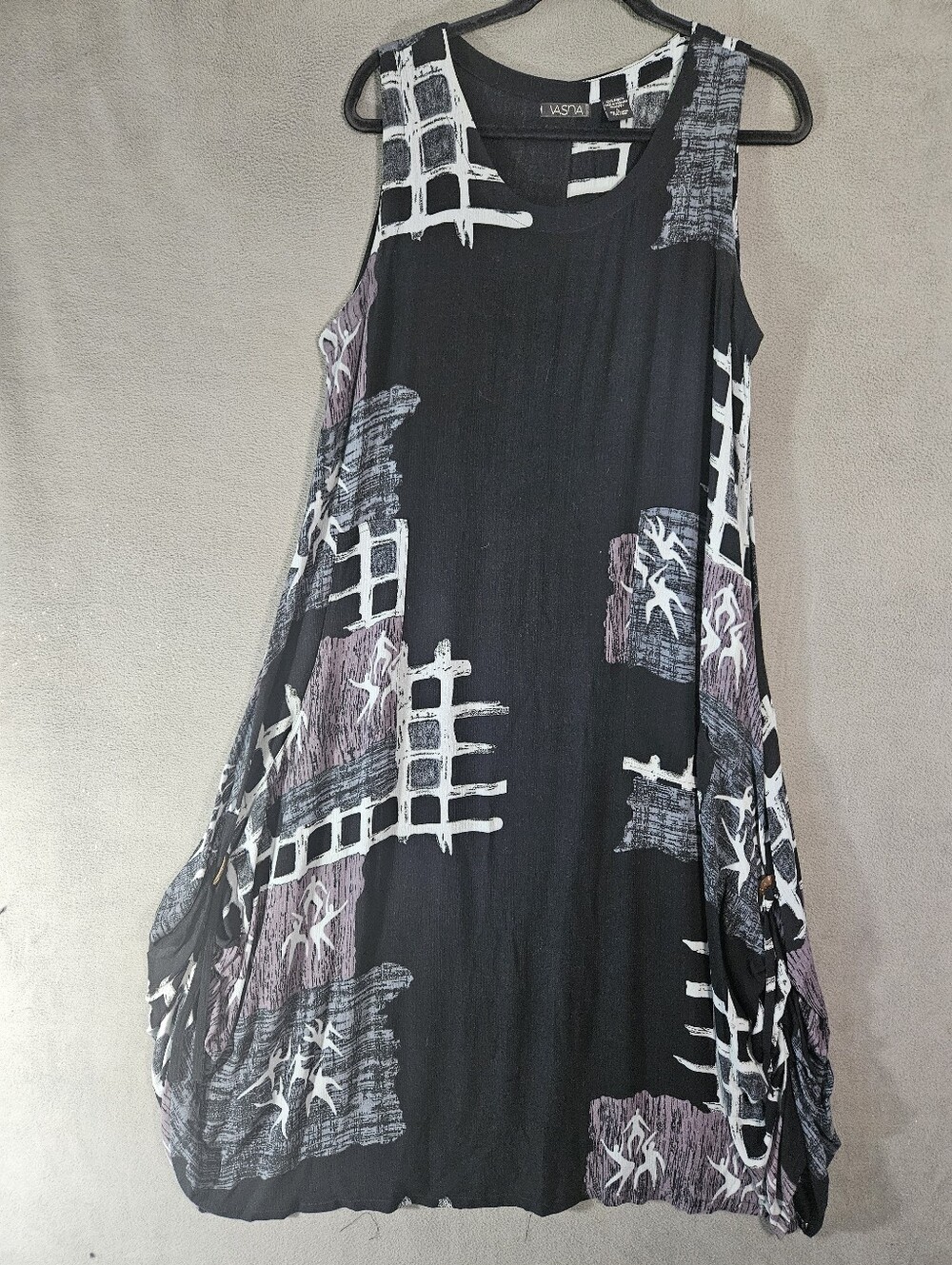Vasna Dress Womens Large Maxi Baggy Pockets Artsy Lagenlook Sleeveless Abstract